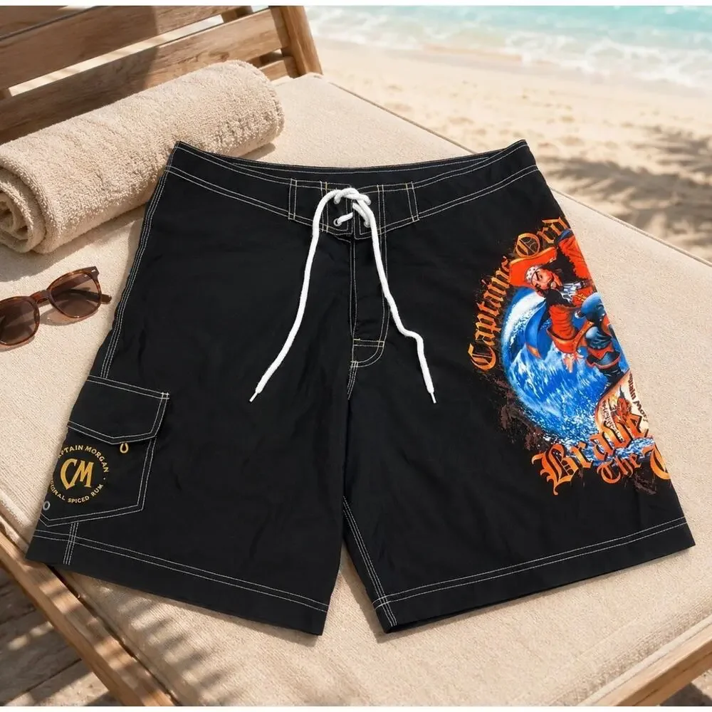 Captain Morgan Board Shorts Mens 38 Black Brave Wave Pirate Swim Trunks Rum Logo